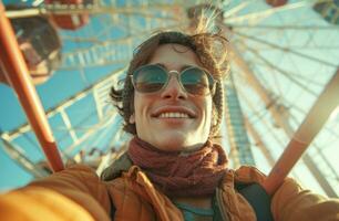 AI generated happy guy taking selfie at ferris wheel during a day at photo