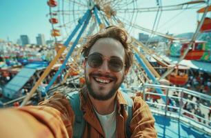AI generated happy guy taking selfie at ferris wheel during a day at photo