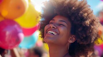 AI generated girl with afro laughing in front of colorful balloons and people at a festival photo