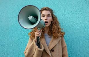 AI generated girl with megaphone holding a megaphone against blue background photo