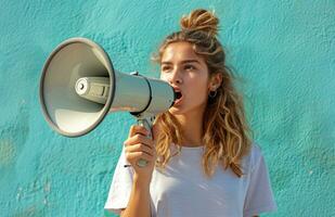 AI generated girl with megaphone holding a megaphone against blue background photo