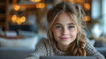 AI generated nice 11-years old girl with laptop in the room photo