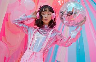 AI generated girl in pink pants and headphones holding disco ball photo