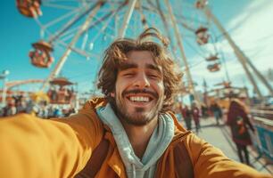 AI generated happy guy taking selfie at ferris wheel during a day at photo