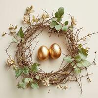 AI generated golden eggs in a circle surrounded by twigs and greens photo