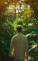 AI generated man in white jacket walks past a scene filled with green leaves photo