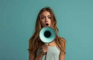 AI generated girl with megaphone holding a megaphone against blue background photo