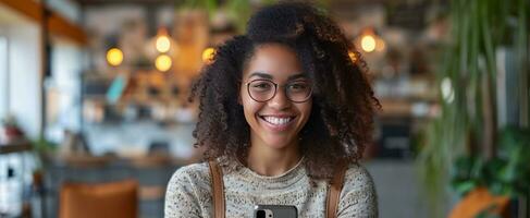 AI generated happy working woman holds smart phone while smiles at camera photo