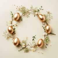 AI generated golden eggs in a circle surrounded by twigs and greens photo