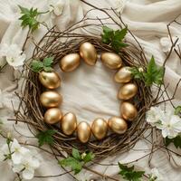 AI generated golden eggs in a circle surrounded by twigs and greens photo