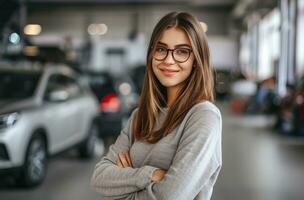 ai generado niña sonriente en el frente de coche sala de exposición foto