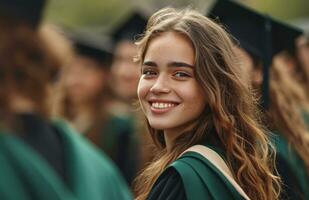 AI generated graduate women in graduation robes smiling photo