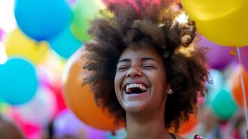 AI generated girl with afro laughing in front of colorful balloons and people at a festival photo