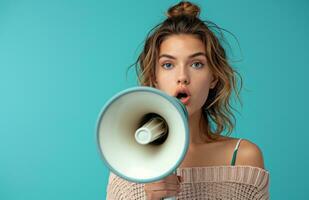 AI generated girl with megaphone holding a megaphone against blue background photo