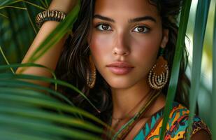 AI generated newcomer girl posing amongst tropical palms, green and bronze, bold and dynamic lines, candid photo