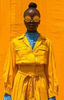 AI generated a woman standing in an outfit of yellow and blue photo