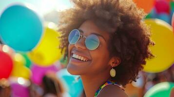 AI generated girl with afro laughing in front of colorful balloons and people at a festival photo