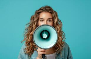 AI generated girl with megaphone holding a megaphone against blue background photo