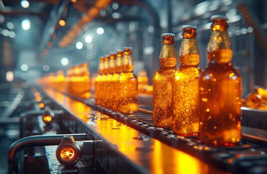 AI generated pilsner production lager breweries are starting to use a new beer bottle conveyor photo