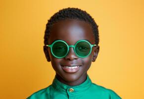 ai generado linda chico vistiendo verde Gafas de sol mientras sonriente dentro cámara en un amarillo antecedentes foto