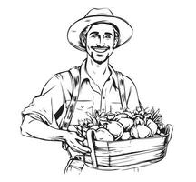 Vector Hand Drawn Vintage Style Farmer Holding Basket with Crop Vegetables and Fruits, Local Produce Natural Farm Illustration