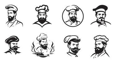 Vector illustration of a sketch of a chef with a mustache and a hat Set