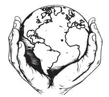 Earth in hands in retro style. Environment concept. Vintage hand drawn sketch vector illustration white background.