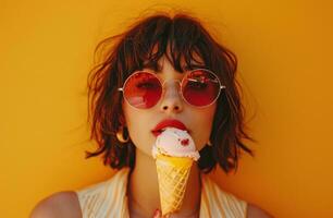 ai generado un joven mujer vistiendo Gafas de sol comiendo un cono de hielo crema foto