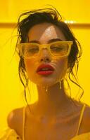 ai generado un mujer en amarillo color posando con Gafas de sol foto