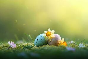 AI generated eggs are sitting in the grass and are decorated with bright colors and daffodils photo