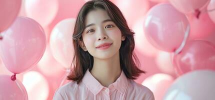 ai generado elegante joven asiático mujer en rosado camisa participación globos foto
