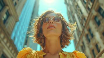 AI generated fashion photo, low angle shot , full focus, realistic photo