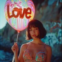 AI generated lady holding a balloon featuring a cute love written in colorful letters photo