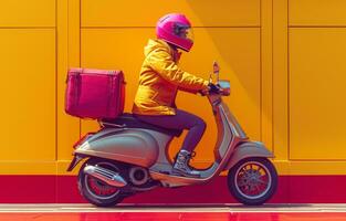 AI generated woman riding a scooter with luggage and box, photo