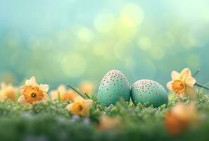 AI generated eggs are sitting in the grass and are decorated with bright colors and daffodils photo