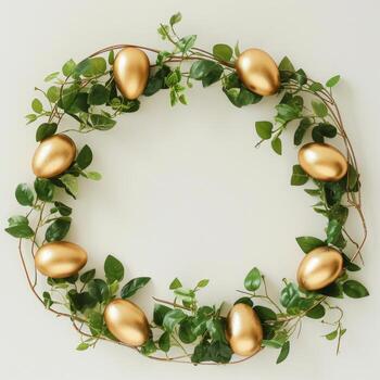 AI generated easter in circle with gold eggs and leaves photo