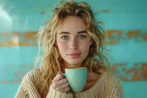 AI generated woman holding a cup of coffee photo