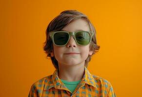 AI generated cute boy wearing green sunglasses while smiling into camera on a yellow background photo