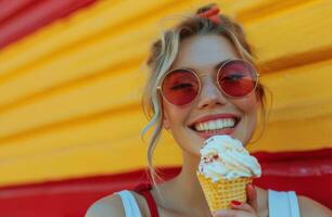 ai generado un joven mujer vistiendo Gafas de sol comiendo un cono de hielo crema foto