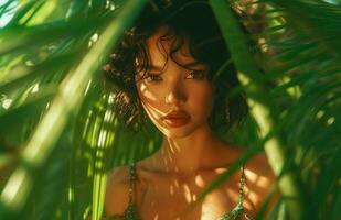 AI generated newcomer girl posing amongst tropical palms, green and bronze, bold and dynamic lines, candid photo