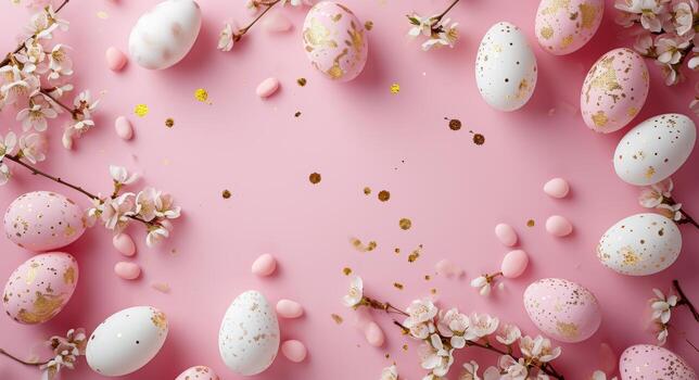 AI generated empty frame with easter eggs on a pink background photo