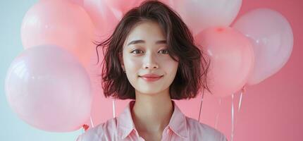 AI generated elegant young asian woman in pink shirt holding balloons photo