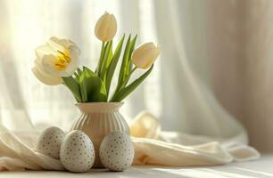 AI generated eggs are in a vase and are next to some tulips photo