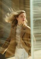 AI generated model in tan jacket and white pants photo