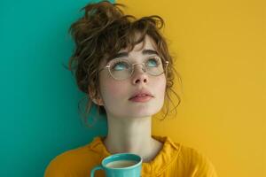 AI generated beautiful woman looking upward, holding coffee cup photo