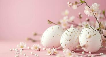 AI generated empty frame with easter eggs on a pink background photo