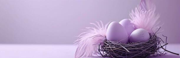 AI generated easter eggs with purple feathers in nest on purple background photo