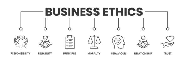 Business Ethics banner with icons. Outline icons of Responsibility, Reliability, Principle, Morality, Behaviour, Relationship, and Trust. Vector Illustration.