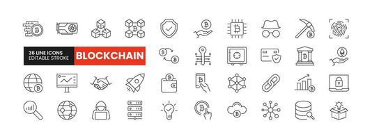 Set of 36 Blockchain line icons set. Blockchain outline icons with editable stroke collection. Includes Blockchain, Bitcoin, Graphic Card, Innovation, Data, and More. vector