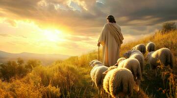 AI generated jesus is standing in the middle of sheep photo